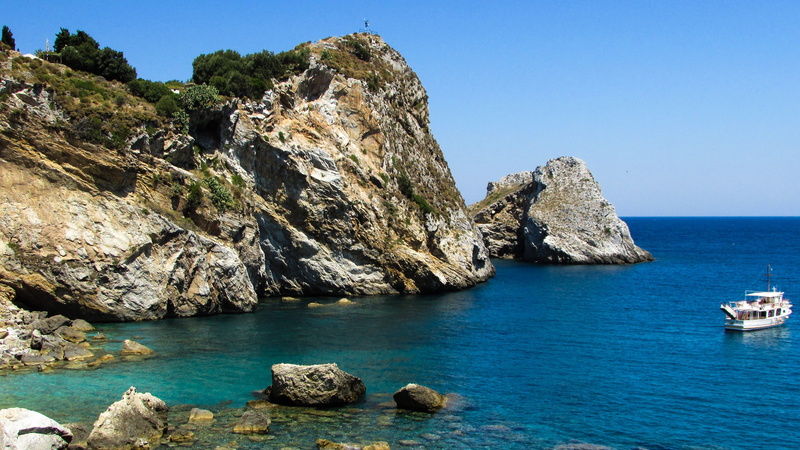 blue, rock formation, land, geomorphology, beauty in nature, solid, tranquil scene, Sea, landscape, greece, Coast, rock, day, nautical vessel, 4K, rocky coast