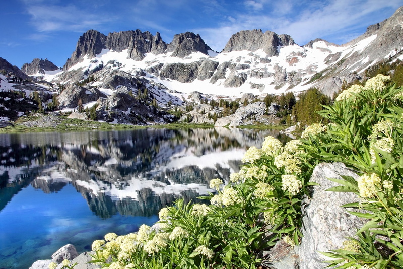 reflection, Minarets, Ansel Adams Wilderness, 1080P, Ediza Lake, mountains, CA, lake, flowers, California
