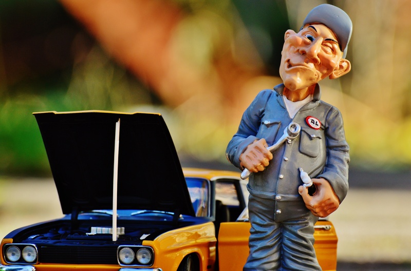 fixing, three quarter length, capri, mechanic, standing, model car, males, automotive, occupation, motor vehicle, auto, funny, glasses, hood, man, transportation