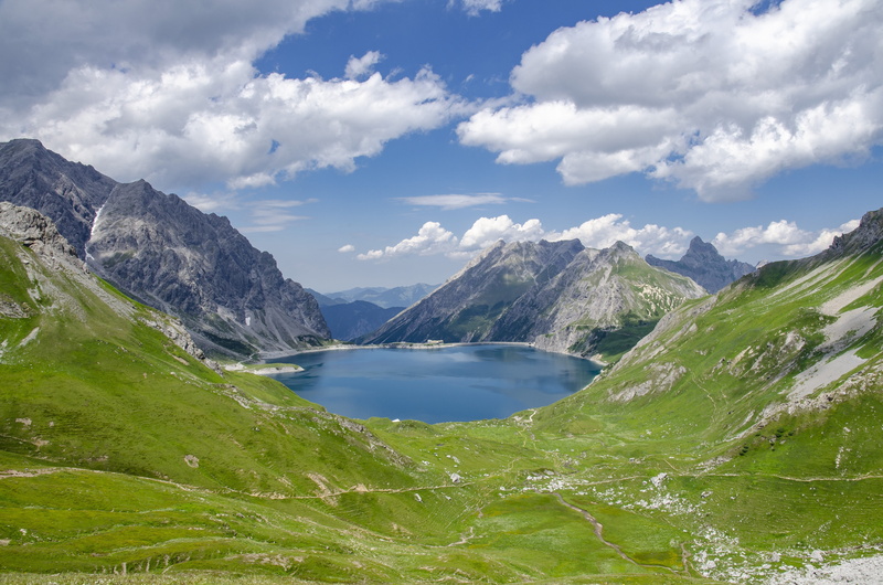sky, non-urban scene, green color, beauty in nature, vorarlberg, alpine, cloud - sky, viewpoint, mountain, gafalljoch, brandnertal, lake, outdoors, tranquility