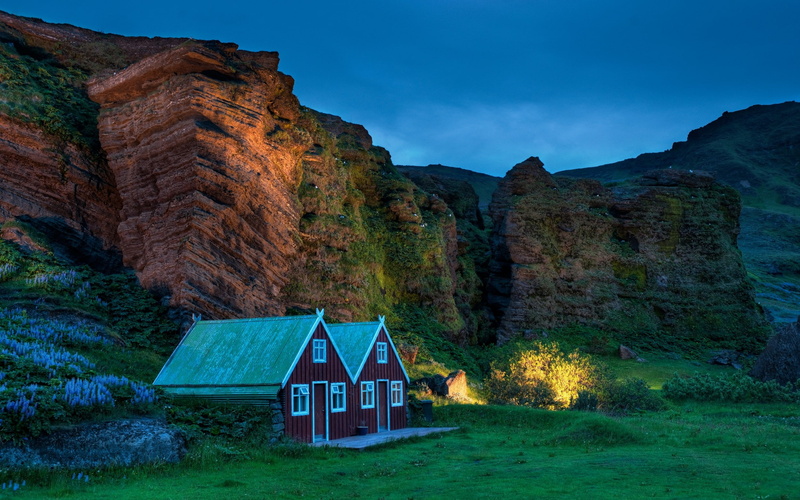 non-urban scene, tranquility, built structure, solid, building exterior, scenics - nature, grass, shrubs, mountain, sky, rock, nature, architecture, land