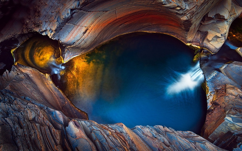 480P, colorful, erosion, australia, blue, canyon, water, gold, landscape, waterfall, nature