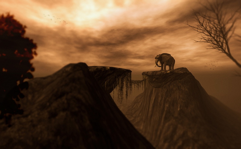 drawing, rock, mountains, animals, artwork, 1080P, clouds, digital art, elephant, trees, brown