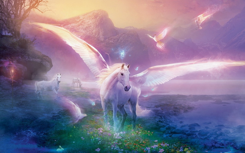 animal, wall, scenics - nature, digital composite, travel destinations, design, nature, sky, mountain, plant, pegasus, fog, beauty in nature, landscape