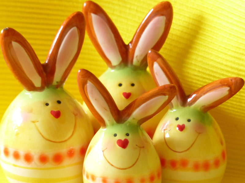 four, cheerful, 4K, sound, deco, rabbit, eggcup, no people, representation, yellow, herzchen, food, art and craft, holiday, figurine, ceramic, animal representation