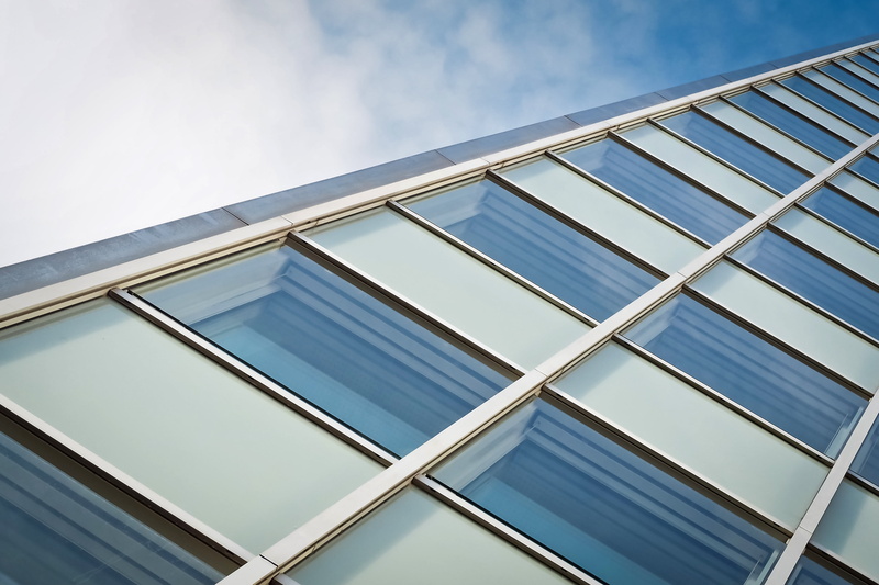 architecture, day, outdoors, office building, science, glass, house facade, building exterior, low angle shot, office, clouds, pattern, modern building