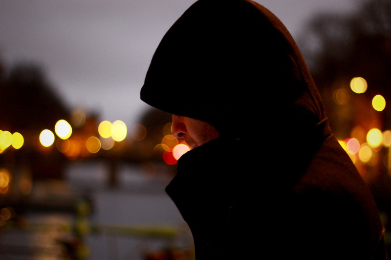illuminated, night, photo, profile view, 5K, man, portrait, hoodie, focus on foreground, outdoors, bokeh, side view, adult, one person, headshot, person