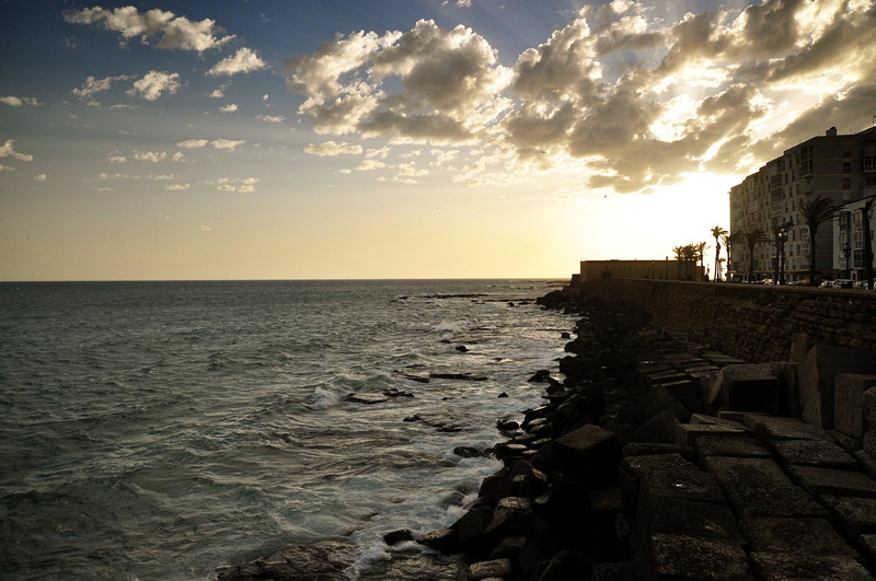 spain, land, building exterior, building, cádiz, tranquil scene, sunset, nature, cadiz, outdoors, scenics - nature, no people, sea, architecture, horizon