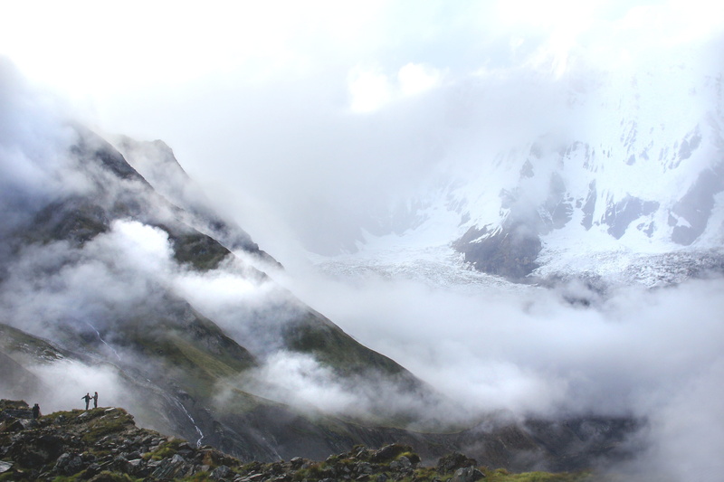 snow, trekking, landscape, day, covered, winter, mountain, cloud - sky, fog, people, mountain peak, idyllic, clouds, annapurna, non-urban scene, nature