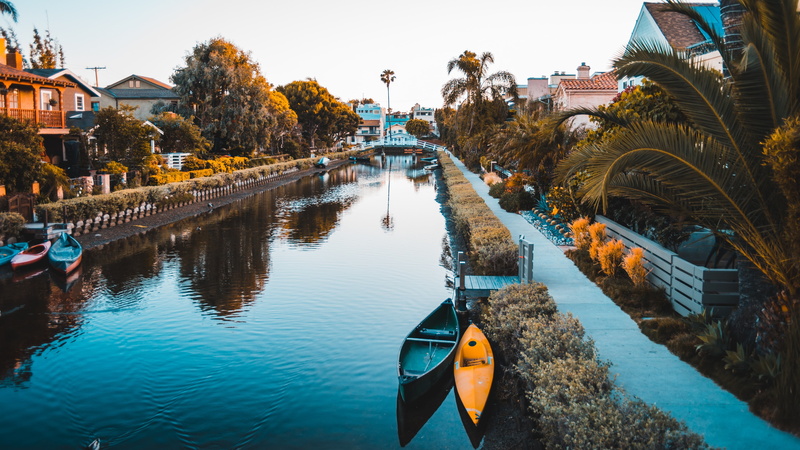 waterfront, built structure, boats, 4K, palm tree, tree, walkway, venice canals, nature, reflection, boat, california, venice canals walkway, venice canal historic district