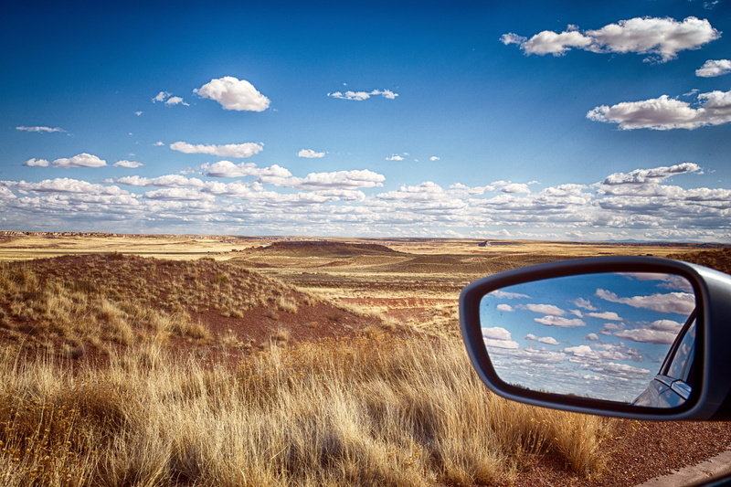 united states, side-view mirror, mirror, cumulus, glass - material, petrified forest national park, outdoors, environment, road, non-urban scene, desert
