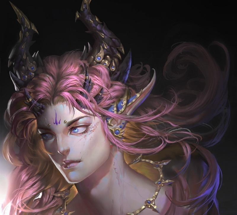 he weikang, luminos, black, man, elf, art, fantasy, Demon, pink, 720P