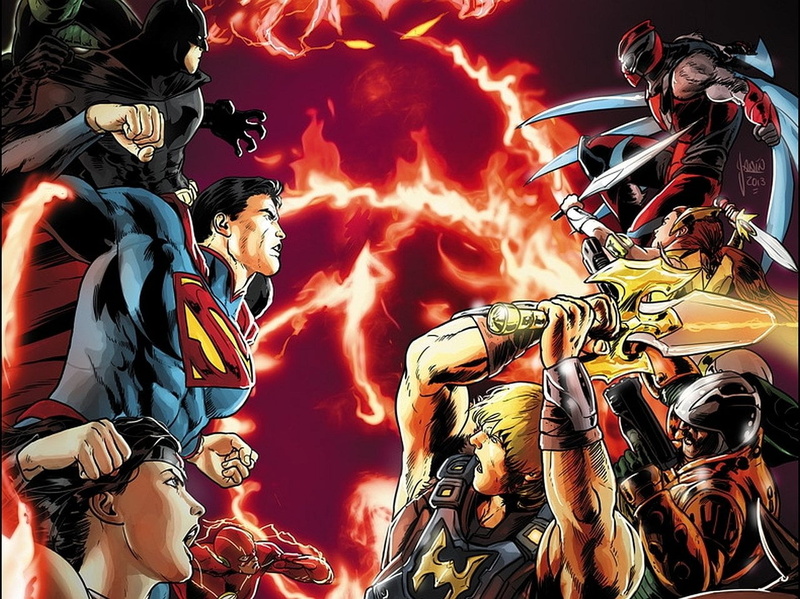 Batman, adult, Wonder Woman, crowd, outdoors, night, 720P, Superman, men, burning, togetherness, dC universe vs. the master of the universe, low angle view
