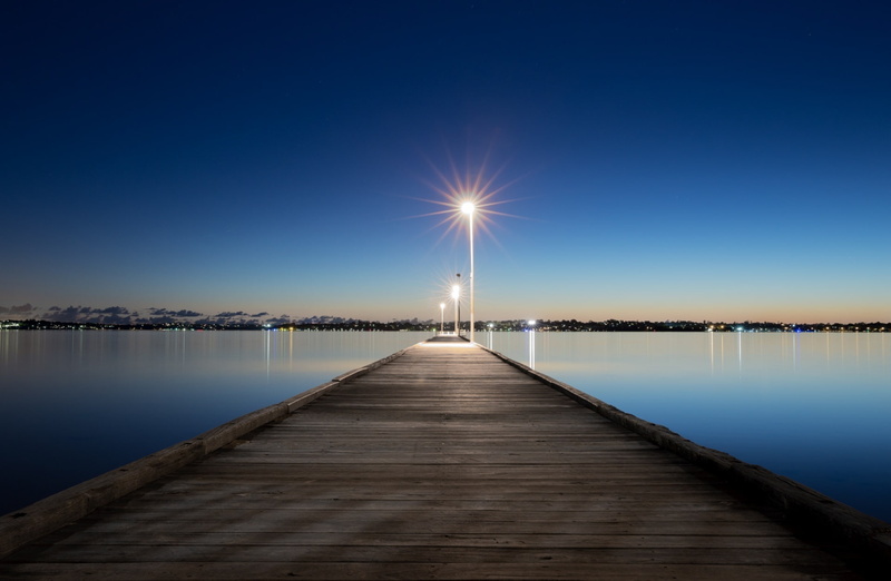 blue, water, Pier, Seaside, 1080P, Oceania, beauty in nature, outdoors, street light, tranquility, sky, direction, night, wood, dock, Australia