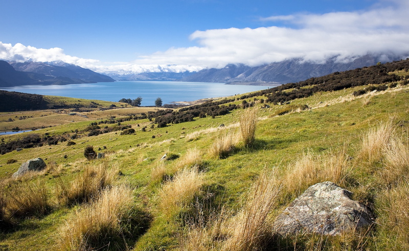 day, mountain range, tranquil scene, nature, sky, beauty in nature, remote, plant, water, grass, green, Zealand, outdoors, non-urban scene, idyllic, cloud - sky