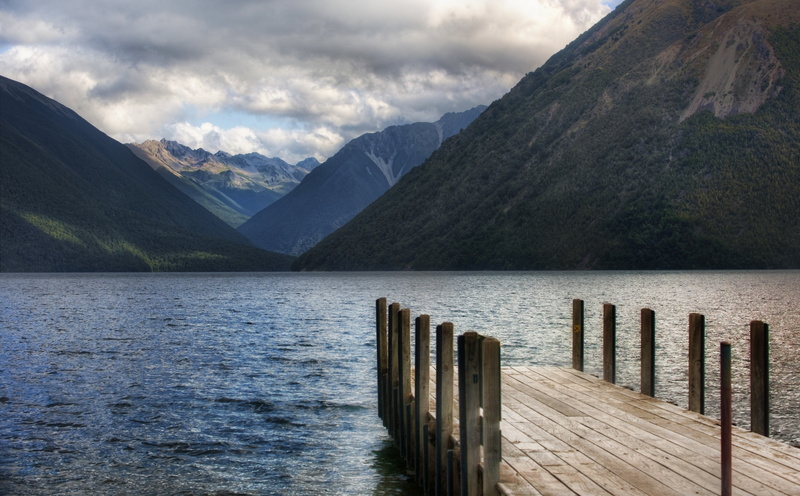 tranquil scene, water, Mountains, idyllic, cloud - sky, Pontoon, outdoors, gray, sky, dock, new, sea, zealand, remote, tranquility, wooden post, Wooden
