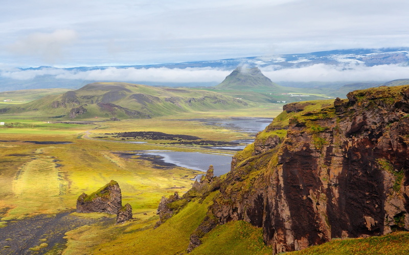 1080P, Sky, green, Clouds, Mountains, Slopes, Rocks, Grass, mountain, Iceland, lake