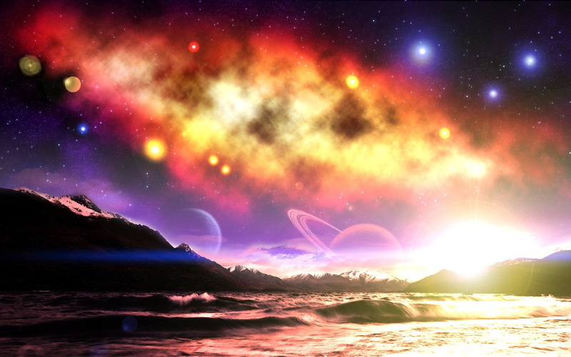 water, Mountain, Artistic, body, red, illustration, Planet, Psychedelic, Fantasy, Trippy, 720P, Sky, Space, Sci Fi, Star