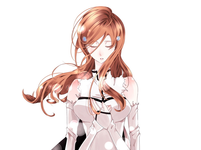long hair, art and craft, Orihime Inoue, studio shot, Bleach, digital composite, 720P, waist up, blond hair, hairstyle, indoors, nature, copy space, young adult