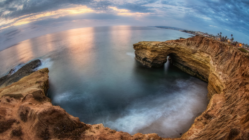 fisheye, shore, fisheye photography, fisheye effect, 5K, landscape, san diego, sky, rock, cliff, photography, coast, sea
