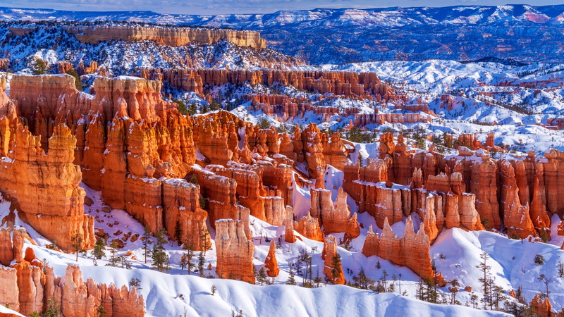 snow, rocks, 1080P, trees, USA, Bryce Canyon National Park, landscape, far view, Utah, nature, winter
