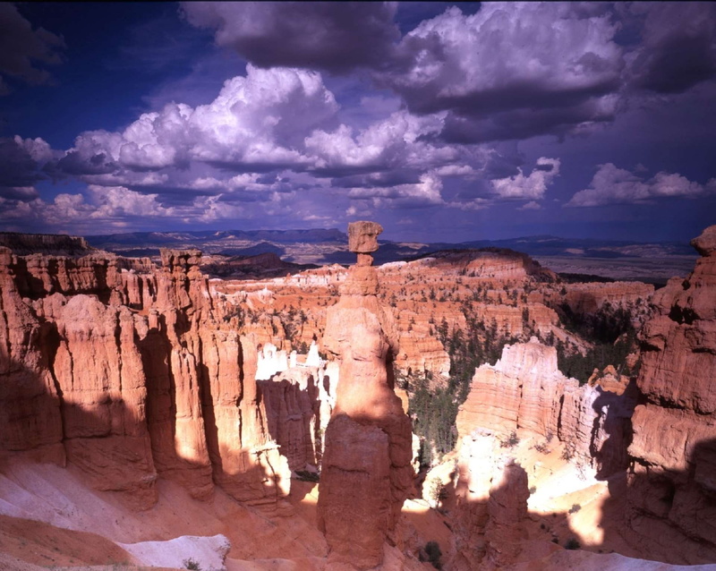 beauty in nature, scenic, outdoors, tranquility, cloud - sky, national park, hoodoo, sandstone, shadows, thors hammer, solid, travel, clouds, sky, utah