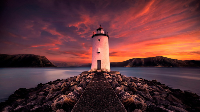 direction, guidance, water, land, lighthouse, outdoors, rock, reflection, sea, building exterior, lighthouse 4k download pics for pc, tower, beach, 4K