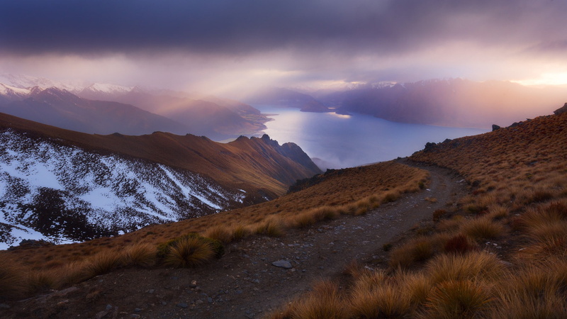 brown, 1080P, landscape, path, nature, clouds, shrubbery, gravel, far view, mountains, shrubs, snow