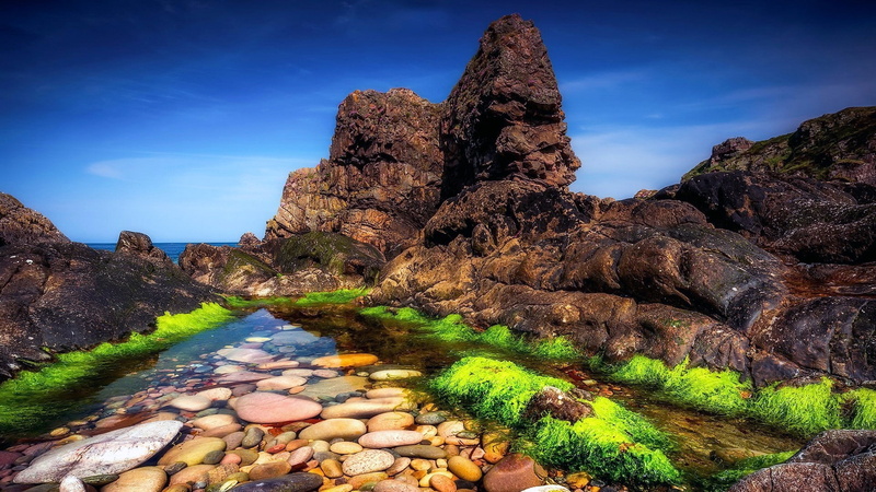 creek, scotland, sky, 1080P, rock formation, gravel, landscape, rock, mountain, water