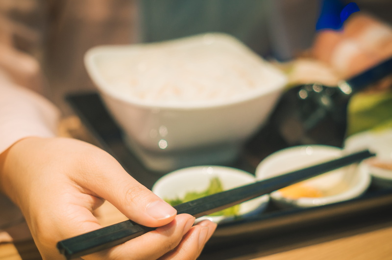 tray, focus on foreground, vegetable, midsection, business, indoors, human hand, spoon, hand, chopsticks, cutlery, dessert, eating, 4K, healthy eating