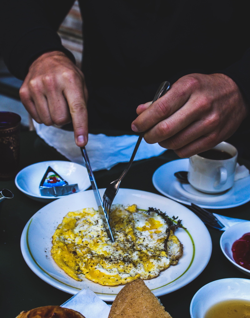 eggs, finger, saucer, food, 4K, beverage, hand, holding, fork, temptation, cheese triangle, lifestyles, eating utensil, ready-to-eat, meal, table, butter