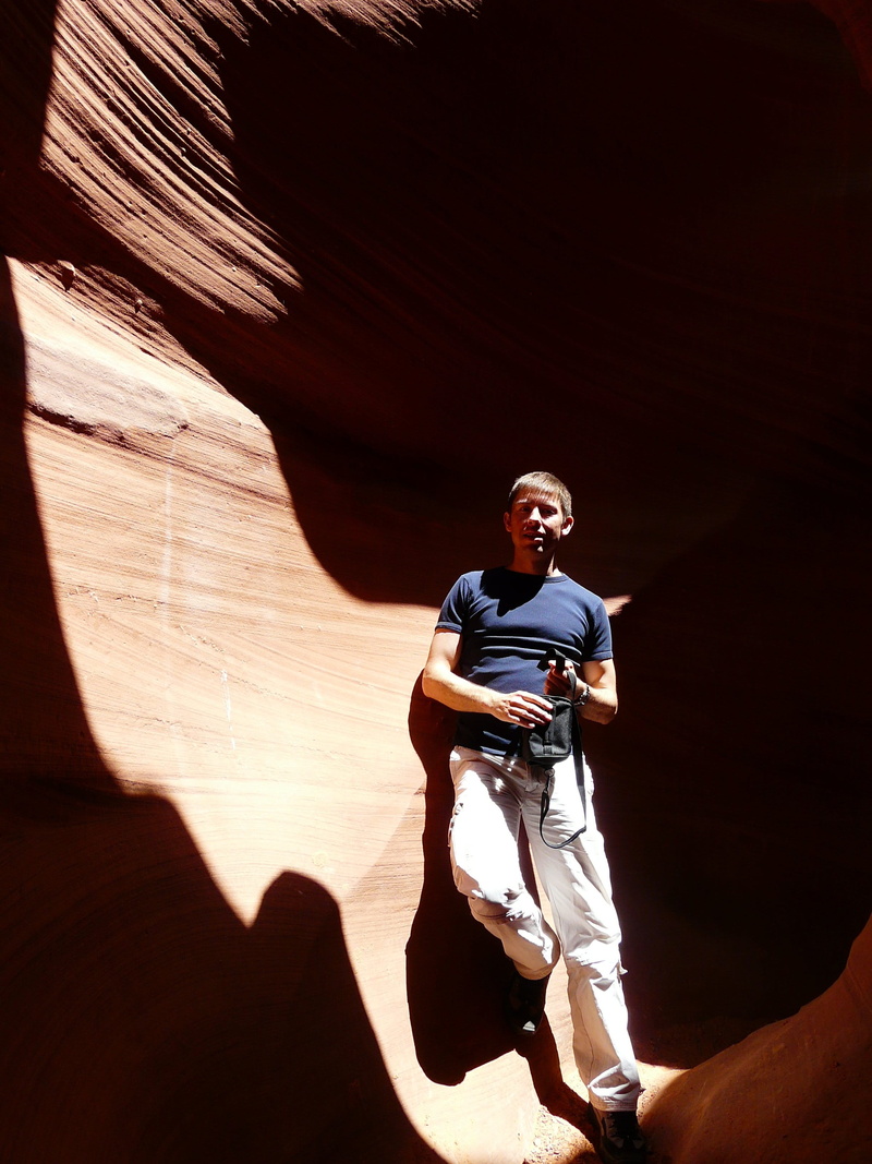 one man only, Antelope Canyon, light, outdoors, adult, colorful, human, casual clothing, adventure, front view, men, rock formation, males, slot canyon