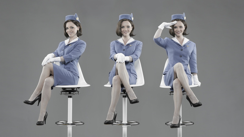 s, mini, skirt, long, cute, blue, shirt, uniform, actress, pretty, button, stewardess, Christina Ricci, women, Pan American, Pan Am, 4K, girl, woman, airline