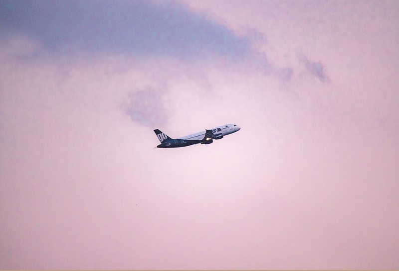 full length, vacation, bird, pink color, airplane, departure, air, blue, outdoors, on the move, aeroplane, airport, aircraft, wing, business, speed, mid-air