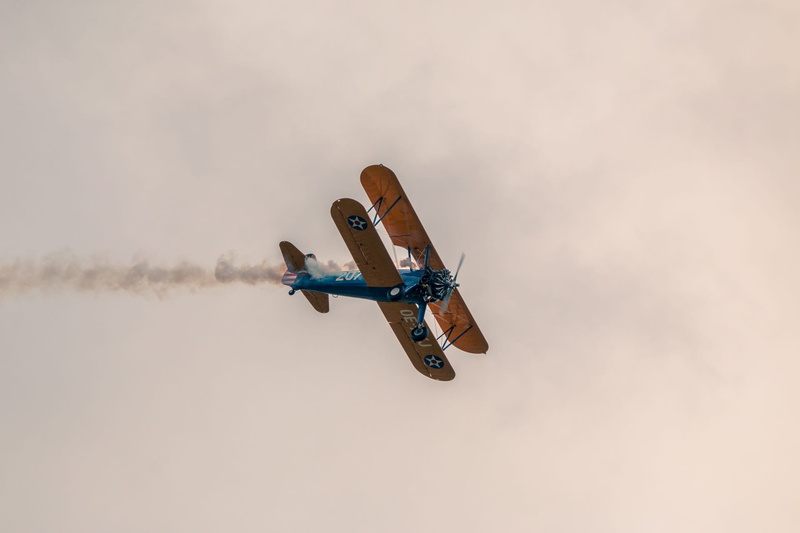 mode of transportation, copy space, plane, nature, vintage aircraft, outdoors, double decker, boeing stearman pt-13d, airplane, transportation, motion
