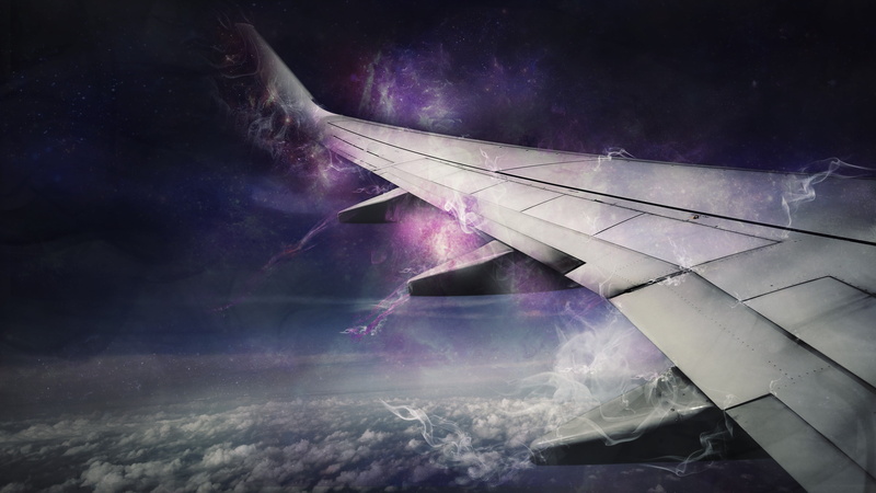 clouds, purple, 2K, aerial view, outdoors, no people, cloud - sky, air vehicle, wing, scenics - nature, travel, journey, mode of transportation, aircraft wing