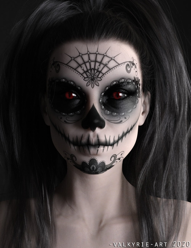 makeup, ArtStation, 720P, red eyes, glowing eyes, 3D, render, dark hair, skull, Dia de los Muertos, fantasy art, CGI, fantasy girl, 2020 (Year)
