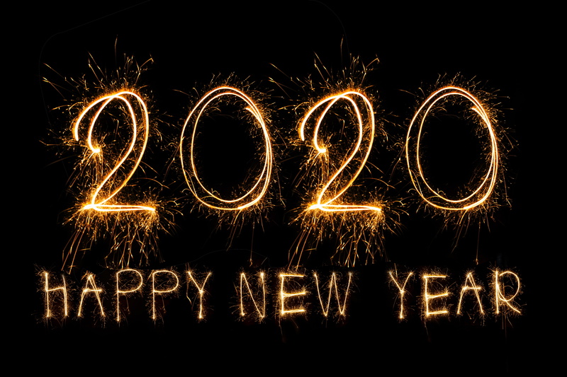 black background, salute, sparkle, fireworks, New Year, lights, golden, 2020, happy, 5K