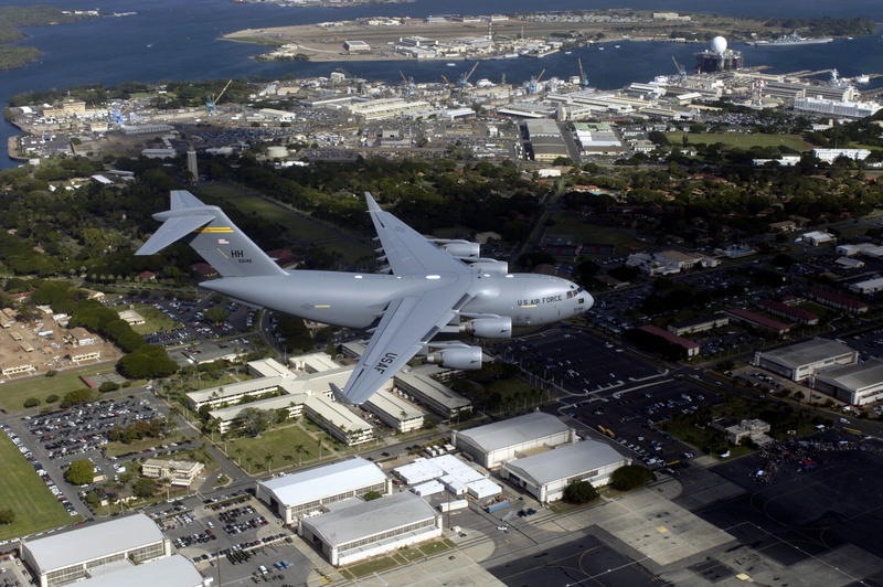 mid-air, aircraft, hawaii, hickam, military, built structure, high angle view, aerial, aerial view, 2K, airplane, photography, c-17 globemaster iii, outdoors