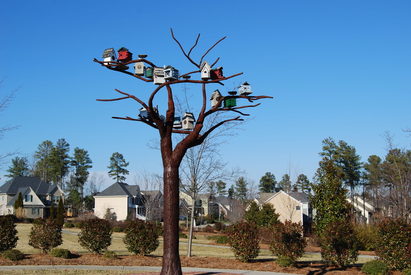 Birdhouses, no people, sky, bare tree, Bird, building exterior, nature, outdoors, plant, Houses, blue, branch, day, architecture, low angle view, sunlight