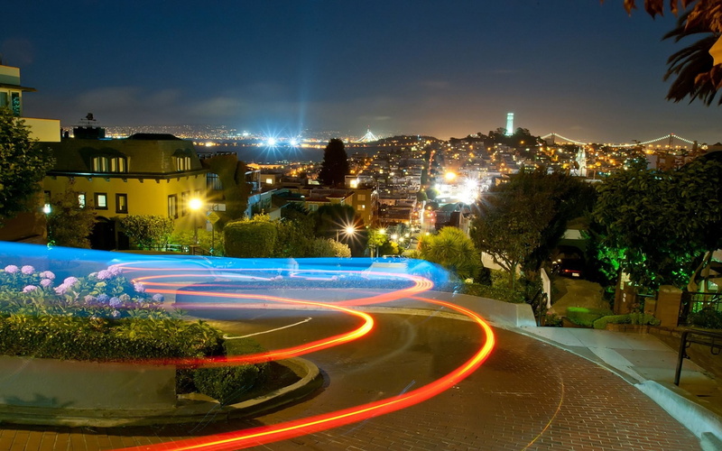 long exposure, building exterior, Night, architecture, street, building, Lombard, 1080P, San francisco, California, outdoors, illuminated, light trail
