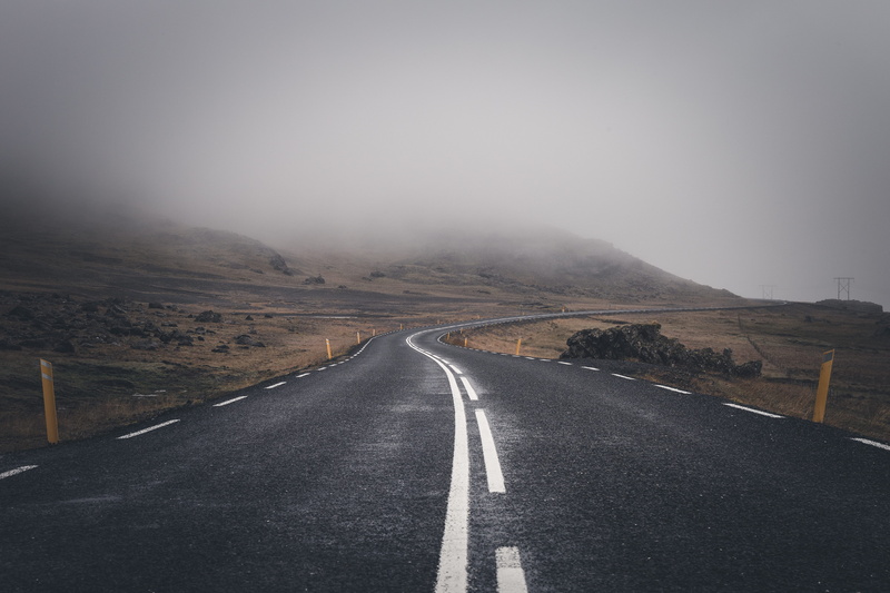 highway, symbol, fog, asphalt, iceland, mountain, way, long, non-urban scene, dividing line, road marking, photography, moody, sign, diminishing perspective