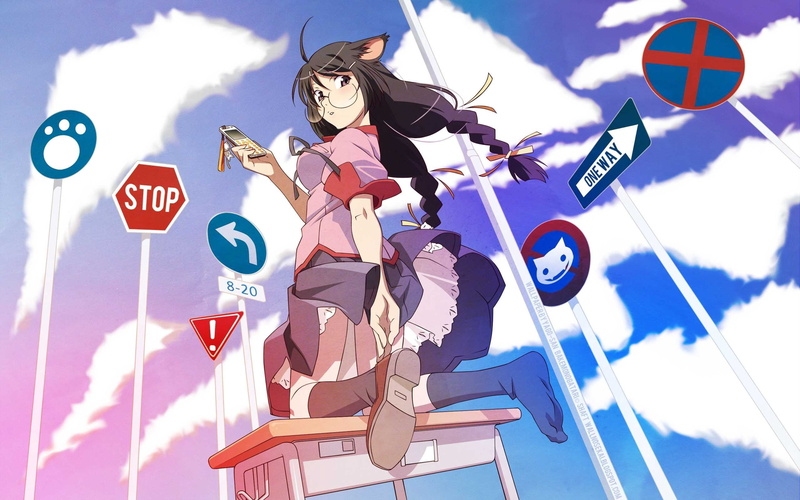 low angle view, women, pink, sky, glasses, number, cloud - sky, blue, haired, dress, nature, men, transportation, communication, computer Graphic, anime
