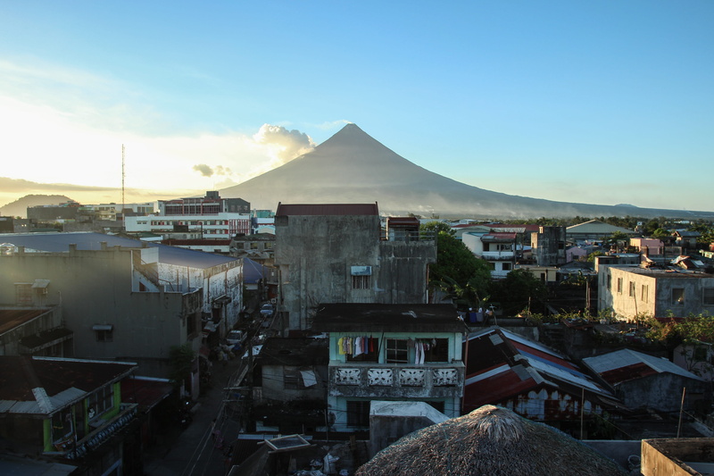 volcano, travel destinations, sunset, cloud - sky, outdoors, mountain peak, high angle view, blue, legazpi city, 4K, building, nature, philippines, day