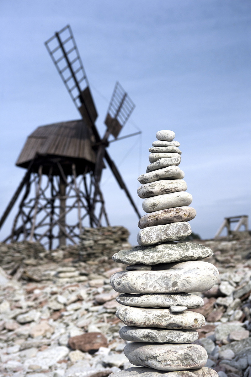 land, balance, wind turbine, sky, pebble, rock, day, solid, 4K, stack, use, nature, oland, stones, wind power, turbine, environmental conservation, renewable energy