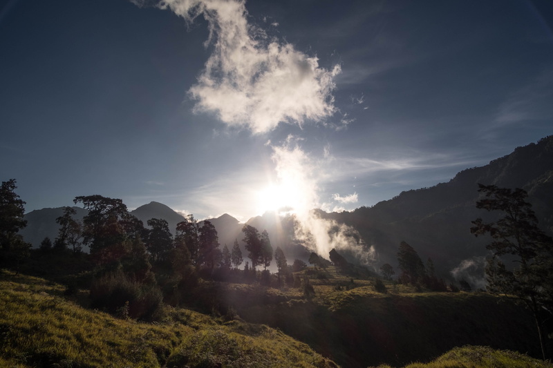 mount rinjani, plant, landscape, sky, outdoors, day, nature, mountain, tranquility, tranquil scene, sunlight, scenics - nature, mountain range, non-urban scene