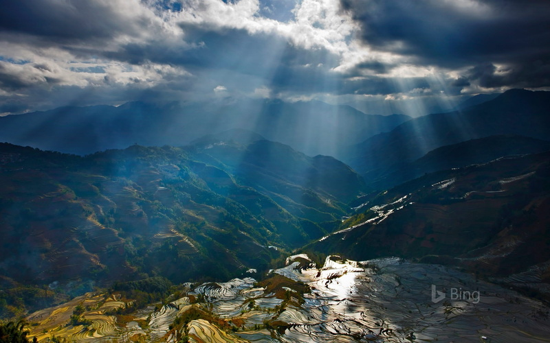 solid, terraces, rock, rice, idyllic, deskt, tranquil scene, mountain peak, bing, landscape, paddy, outdoors, sky, day, sunlight, cloud - sky, 1080P, environment