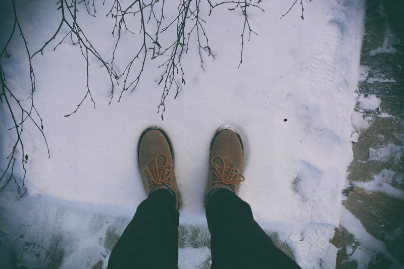 winter, low section, rubber boot, one person, unrecognizable person, body part, personal perspective, standing, human leg, real people, day, human body part