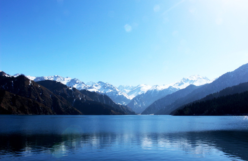non-urban scene, waterfront, tranquil scene, beauty in nature, lake, 2K, sky, in xinjiang, scenics, landscape, mountain Range, tianchi, nature, day, idyllic
