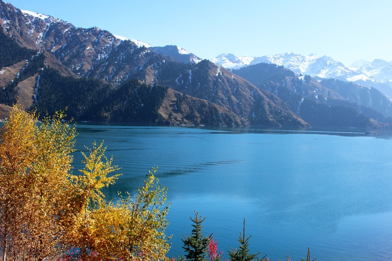 blue, sky, growth, day, coniferous tree, tree, water, snow, tranquil scene, nature, idyllic, remote, snowcapped mountain, mountain range, tianchi, 2K
